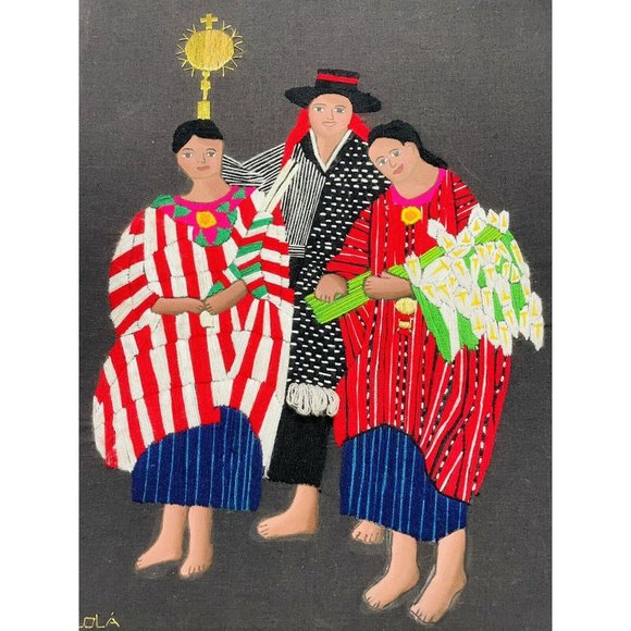 Solola Black Stretched Folk Art Embroidered Spanish Textile Frameless Picture - Picture 3 of 12